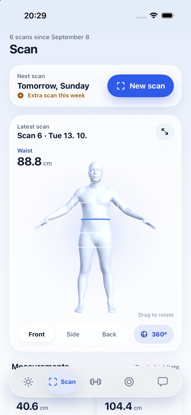 Morph Scan screen with a 3D body and the waist ring highlighted