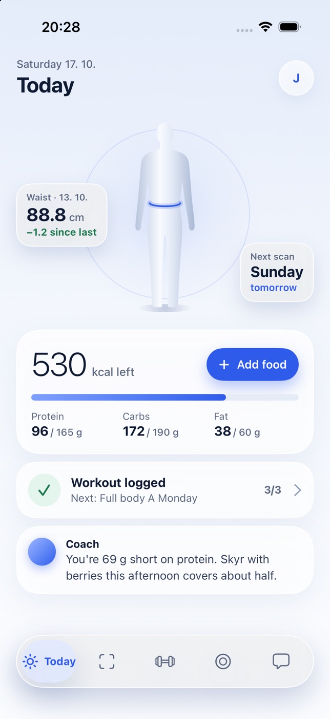 Morph Today screen: 530 kcal left, waist 88.8 cm, next scan Sunday
